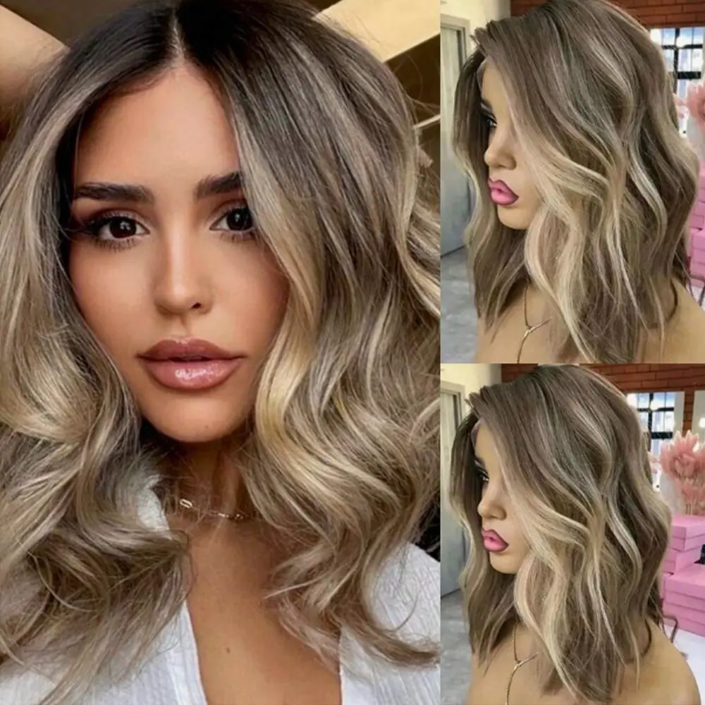 Women's 14-Inch 13x4 Free Part Short Bob Lace Frontal Wig, Brown Blonde Highlight Ombre Loose Waves, 180% Density Synthetic Heat-Resistant Hair, Glueless Pre-Plucked With Baby Hair, Natural Line, For Daily & Party Wear, Lace Frontal Wigs, Short Wavy Bob,,