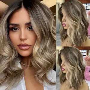 13x4 Free Part Short Wavy Bob Lace Front Wigs Brown Blonde Highlight Ombre Mixed Color Loose Wave 180% Density Synthetic Heat Resistant Hair Glueless Pre Plucked With Baby Hair Natural Hairline 14 Inch Suitable for Women Ladies Daily Party Wear