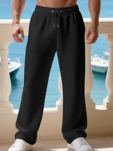Men's Casual Loose Fit Waffle Knit Straight Leg Pants, American Style Large Size Sports Long Trousers, Comfortable and Stylish