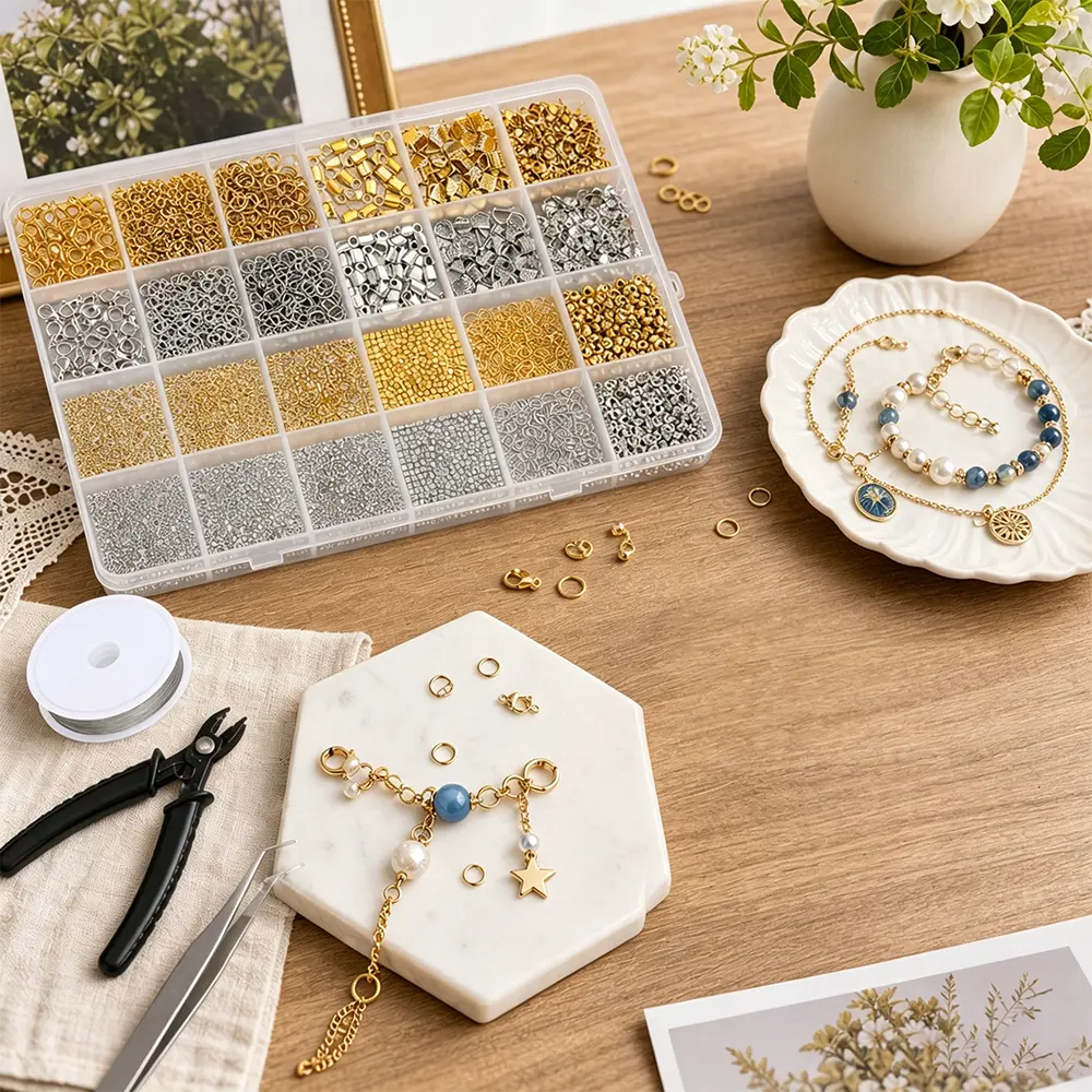 Crimp Beads Jewelry Making Kit Including Crimp Bead Covers, Crimp Tubes, Bracelet Clasps and Closures, Crimp Ends, Jump Rings, Crimping Pliers and Beading Wire for Bracelets Necklaces Making