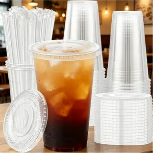 50 Pack 24 oz Clear Plastic Cups with Lids and Straws, Sturdy Disposable Coffee Cups with Lids for Iced Coffee, Cold Drinks, Smoothies and To-Go Beverages