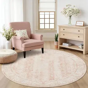 5ft Round Rug Washable Area Rug  Indoor Floor Cover Floral Print Blush  Circle Carpet 5' Round Kitchen Living Room Bedroom Dining Room