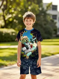 Boys' Fashion Outdoor Sports Summer Pixel Adventure Riding Printed Short Sleeve Shorts Set, Casual All over Print Two-Piece Youth Kits