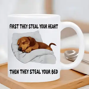 One Humorous Dachshund Mug, an 11Oz Ceramic Coffee Cup Featuring The Design "First They Steal Your Heart Then They Steal Your Bed", an Ideal Present for Birthdays, Holidays, Office Gatherings, Family Events, Parties, Weddings