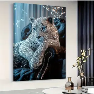 Luxurious Gemstone Leopard Print Wall Art - 16x24 or 24x36inch Large Size Framed Canvas, Bohemian Vintage African Leopard Print with Gemstones, Solid Wood Frame, Suitable for Living Room, Office, and Luxurious Decor - White/Black/Pink Tone, 2D Flat Surfac
