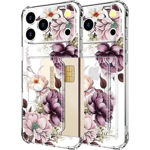 iPhone 17 Pro Max Case Wallet with Card Holder,Ultra Thin Slim Cute Girly Skin Cases Protector with Airbag Bumper for Women Girls (Clear Pink Rose)