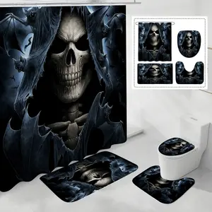 Horror-Themed Halloween Decoration Set, Spooky Skeleton Design, Including Shower Curtain, Bathroom Mat, Toilet Seat Cover, Etc.