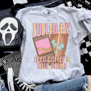 Unisex Jersey Hoodie, Fueled By Iced Coffee And True Crime Design, Ash Grey Sublimation Clothing, Petty Vibe, Love-Infused Fabric, Long Sleeves Sweatshirt