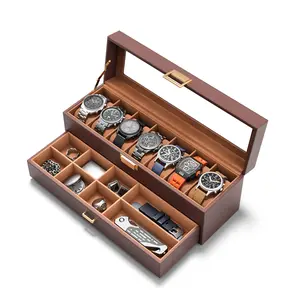 7 SLots Watches Display Case with Drawer - Watches Storage Organizer Real-Glass Display Case with Jewelry Drawer 2-Layer PU Leather Collection Holder Gift for Loved Ones Brown - Birthday for Men Women, Child Husband Dad