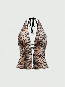 Punk Women's Fashion Pop Star Summer Beach Party Music Festival Street Style Y2K Off-the-Shoulder Halter Neck Fitted Sexy Leopard Print Sequin Cross Pendant Vest Tank Top