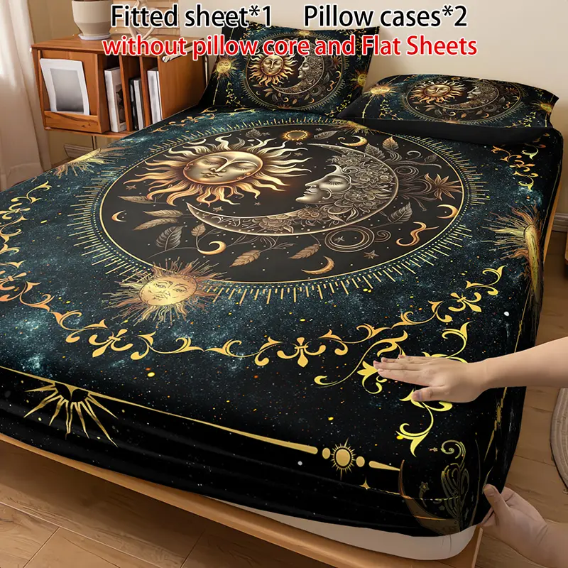 Luxury Black Gold Sun Moon fitted Sheet Set (1 fitted  Sheet + 2 Pillowcases ,Without Pillow Core), Home Dormitory High-Definition Digital Printing, Unlocking Vintage Mystical Sleep Aesthetic Microfiber Bedding bed sheets summerwins