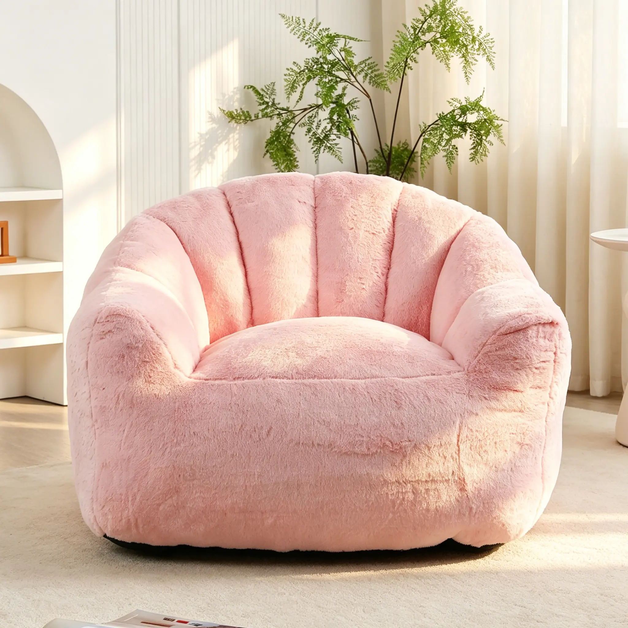 Oversized Single-Seat Floral Faux Fur Bean Bag Chair for Adults, Ultra-Soft Petal-Back Furniture with Stuffed Lazy Lounge, Ideal for Living Room - Comfy Floor Couch