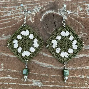 Olive Green and Cream Micro Crochet Earrings with Beaded Dangles and Square Design