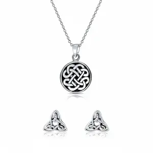 Celtic Knot Necklace & Trinity Infinity Stud Earrings Set Oxidized Silver