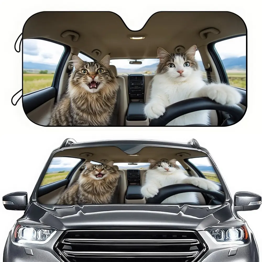 1PC Car Sunshade, Cat Driving Car Sun Blocker, Front Window Shade, Sun Shade for Car Windshield, Blocks Sunlight and UV, Suitable for Sedans, Universal Models, RV Decor, Car Sun Shades