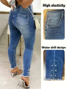 Women's High Elasticity Fitted Rhinestone Fringe Hem Jeans Pants, Casual Ladies Denim Bottoms, Comfortable and Stylish Womenswear Fashion Wear
