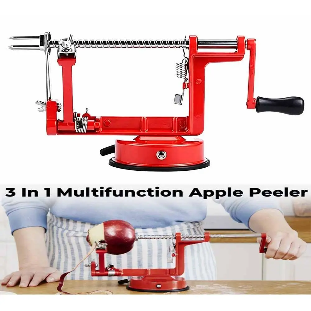 3-in-1 Apple Potato Peeler Corer Slicer, Hand Crank Stainless Steel Fruit Peeling Machine with Suction Base, Zinc Alloy Heavy Duty Kitchen Tool for Apple Orange Grapefruit Vegetable Slicing