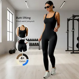 Women's Yoga Ribbed Tank Top Jumpsuit Gym Square Neck Sleeveless One Piece Jumpsuits Women's Backless