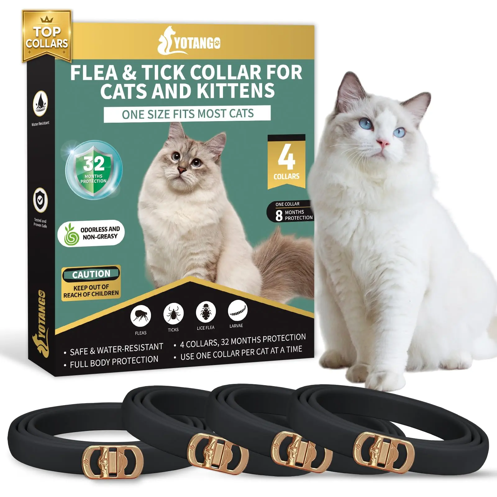 YOTANGO 4 Pack Flea Collar for Cats, 32 Months Flea and Tick Prevention for Cats, Waterproof Cat Fleas Collar, Cat Fleas and Ticks Treatment, Adjustable Tick Collars for Kittens-Black