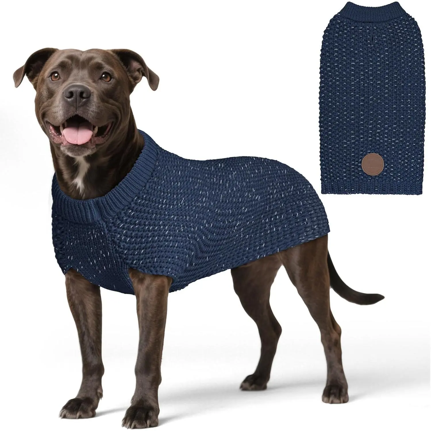 Dog Sweater for Large Dogs with Leash Hole Warm Pullover with Reflective Yarn Male Thick Stretchy Knitwear Winter Soft Pet Coat boy for Cold Weather Comfy Dog Sweaters, Navy Blue, XX-Large