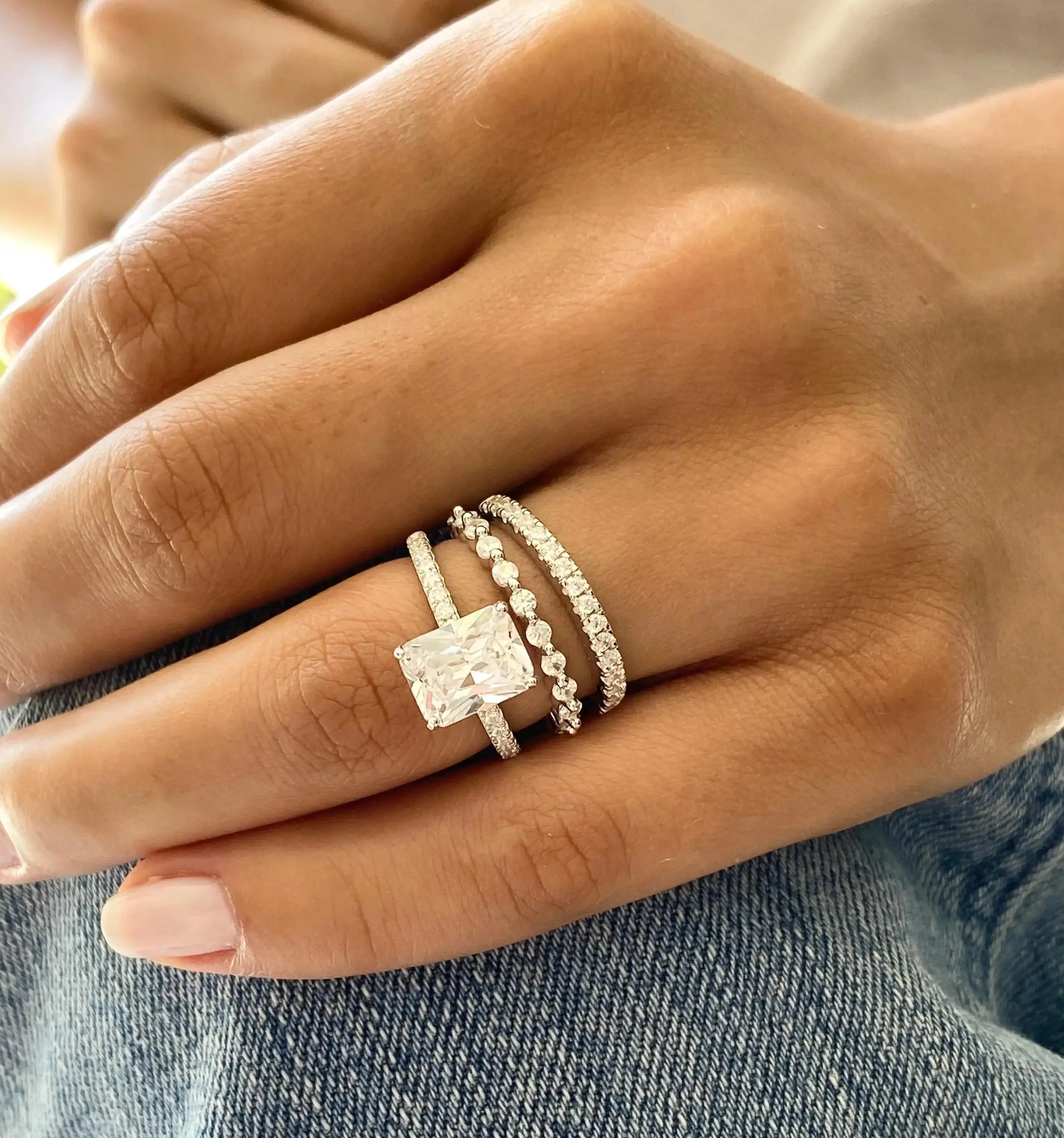 3-Piece Stackable Silver Radiant Cut Wedding Ring Set for Women, Square Crystal Bridal Rings, Sparkly Engagement & Promise Jewelry Gift