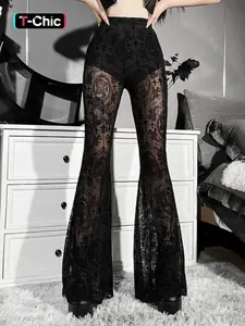 Women's Plain Floral Lace Sheer Flare Leg Pants, Casual Elegant High Waist Bell Bottom Trousers for Dating Party, Ladies Fit Bottoms for All Seasons, Flared, Womenswear