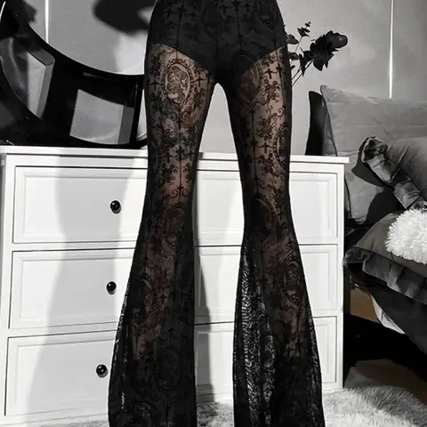 Women's Plain Floral Lace Fabric Sheer Flare Leg Pants, Casual Elegant High Waist Bell Bottom Trousers for Dating Party, Ladies Fit for All Seasons, Flared, Garment, Womenswear, Stretchy Pants