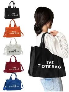 Solid Color Letter Print Canvas Bag, Daily Use Versatile Large Capacity Shoulder Tote, Stylish Handbag for Everyday Essentials