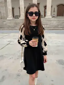 Girls' Long Sleeve Dress, Colorblock Print Sleeves, Round Neck Loose A-Line, Casual Spring Fall School, A Line Dresses
