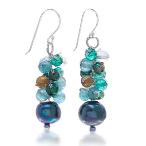 NOVICA Artisan Handmade Cultured Pearl Beaded Dangle Earrings Bluegreen Gemstone Cluster Sterling Silver Silk Quartz Dyed Freshwater Thailand Birthstone [1.7 in L x 0.4 in W] ' Winter'