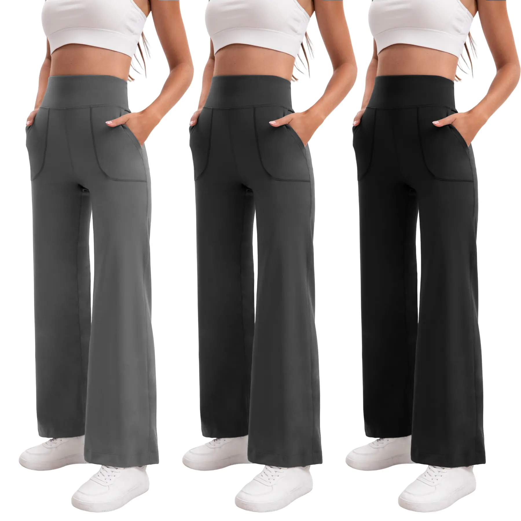 Women's 3-Pack High Waisted Flare Yoga Pants with Pockets - Dry-Wicking, Quick Dry, Buttersoft, Stretchy Breathable Athletic Leggings, Non-See-Through Activewear Bottoms for Gym & Casual Use, Dry-Wicking Women's Sports Leggings