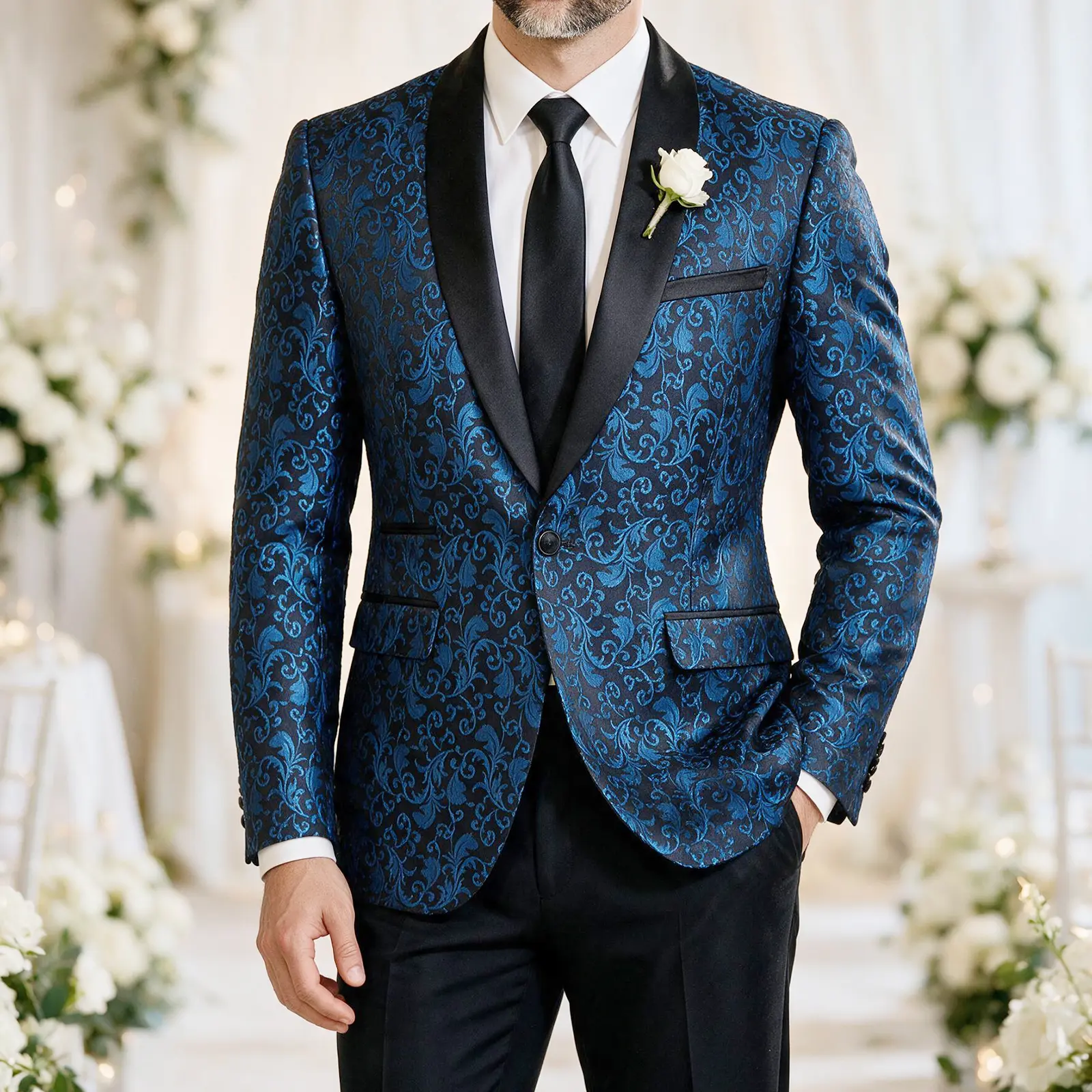 Men's Floral Jacquard Tuxedo Blazer - Formal Fitted Shawl Collar Suit Jacket for Wedding, Business Events