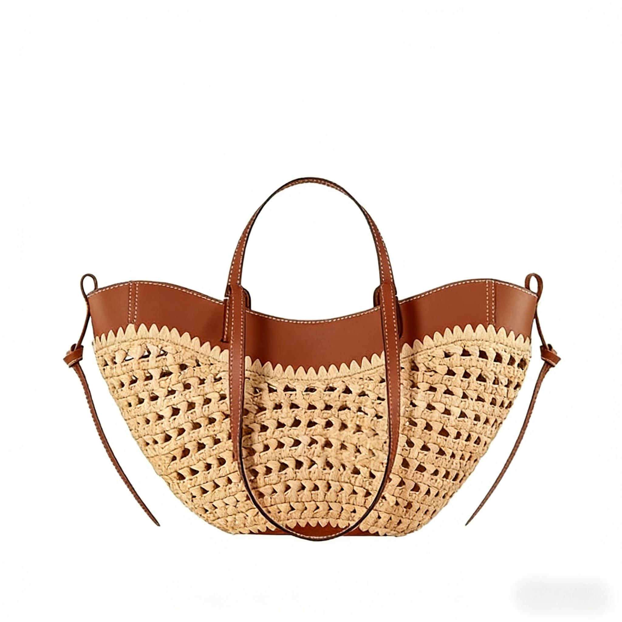Hollow-out raffia and leather everyday bag, lightweight