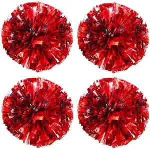 4 Pack (2 Pair) Metallic Foil Cheerleader Pom Poms & Plastic Ring Cheer Poms with Baton Handle Cheerleading Pompoms for Sports Party Dance Team Accessories Cheering Squad Spirit (Red & Silver)