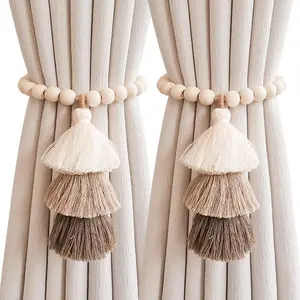 2 count Wooden Bead Curtain Tiebacks, Boho Tassel  Curtain Clasp, No Hole Punching Decorative (Coffee)