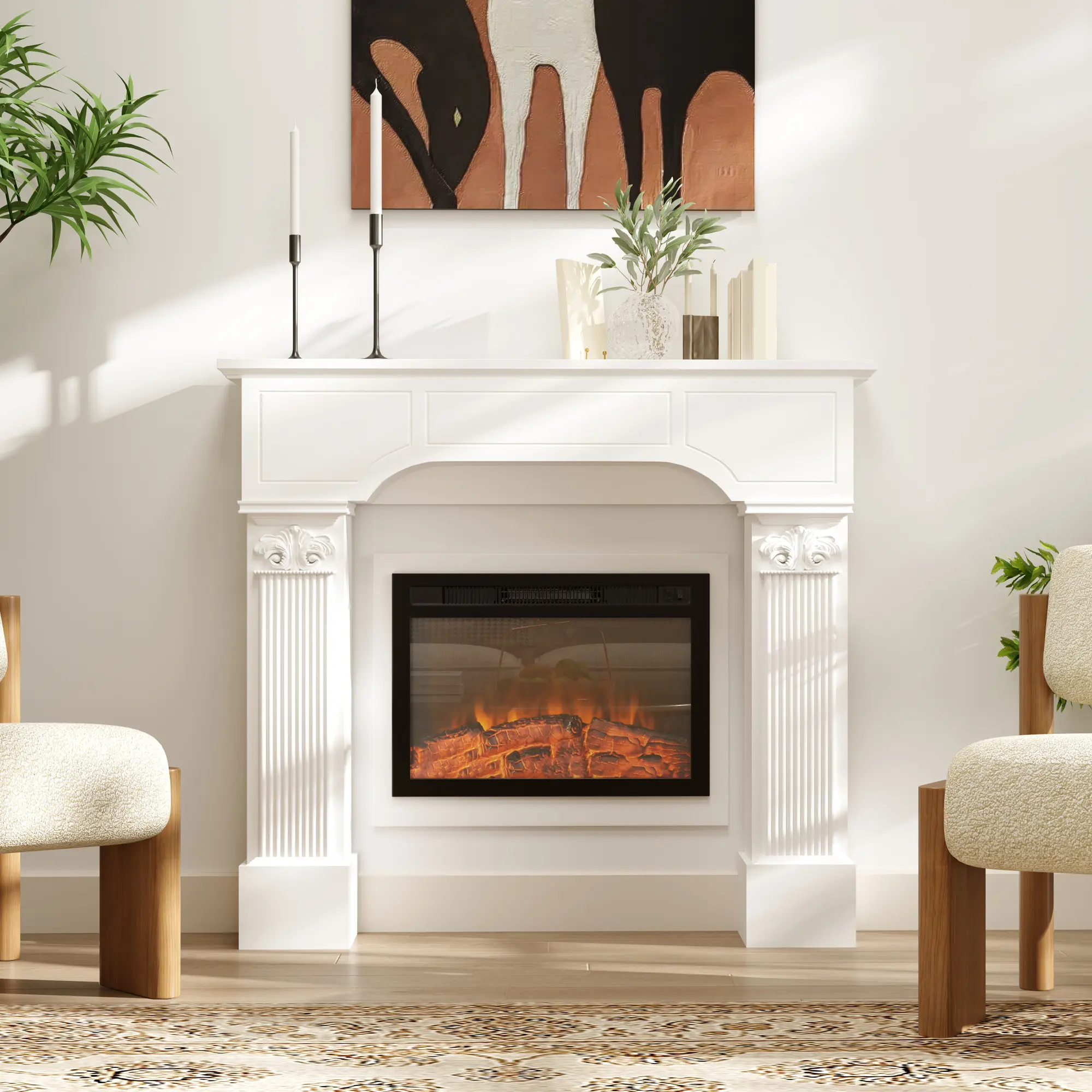 Baroque Fireplace Mantle – Freestanding Fireplace Surround for Electric Fireplaces. 43.25"W x 9.25"D x 42.75"H. 66 lbs Capacity. Anti-Tipping Design. White
