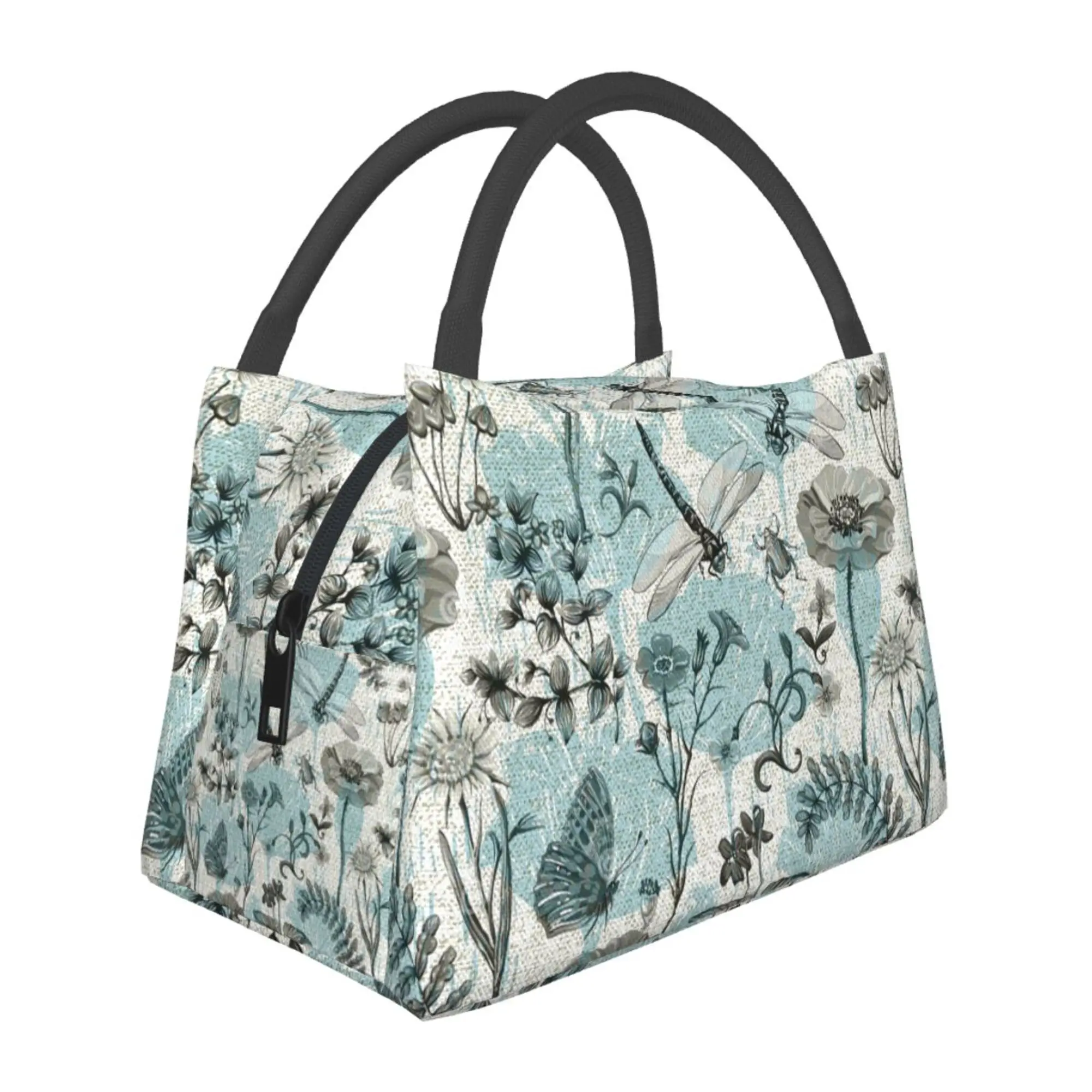 Lunch box, lunch bag, reusable portable insulation bag, insulation bag,dragonfly pattern, suitable for outdoor camping, work, school, fitness