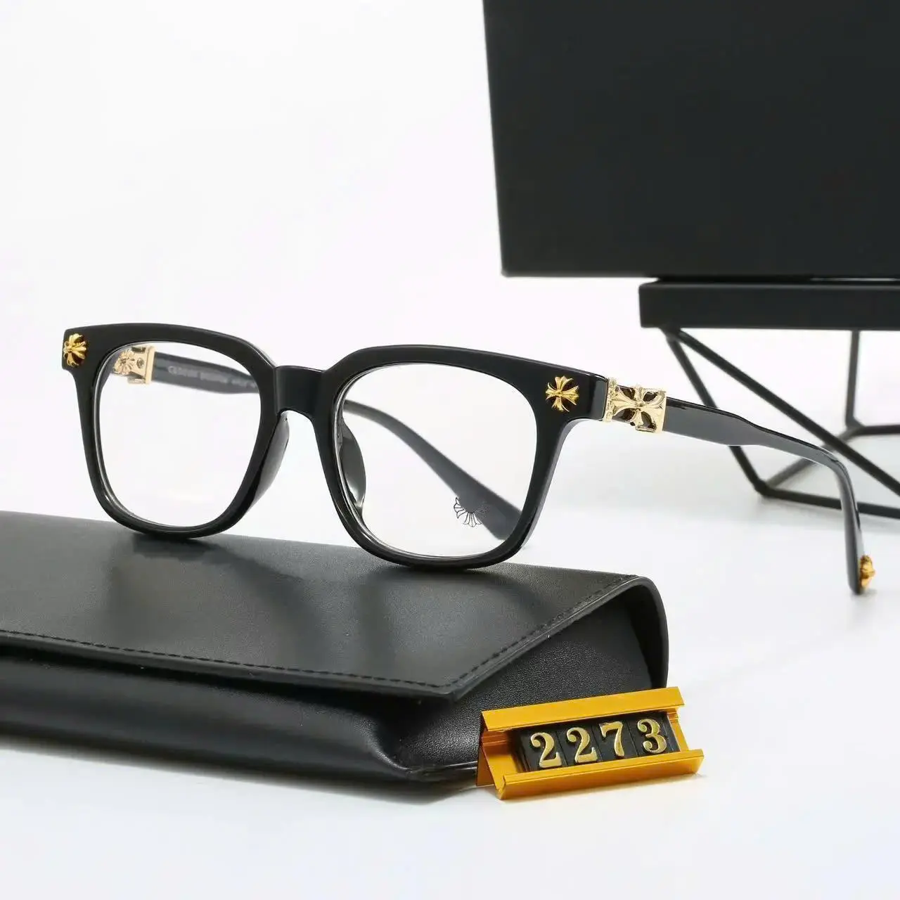 High-End Chrome Hearts Square Eyeglass Frames for Men & Women, Luxury Black Gold Cross Detail Optical Glasses, Premium Designer Style Unisex Frames with Leather Case