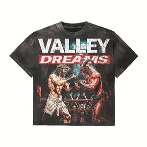 100% Cotton Y2K Boxing T-Shirt - Valley Dreams Boxing Match & Demon Warrior Fight Arena Print, Black/White