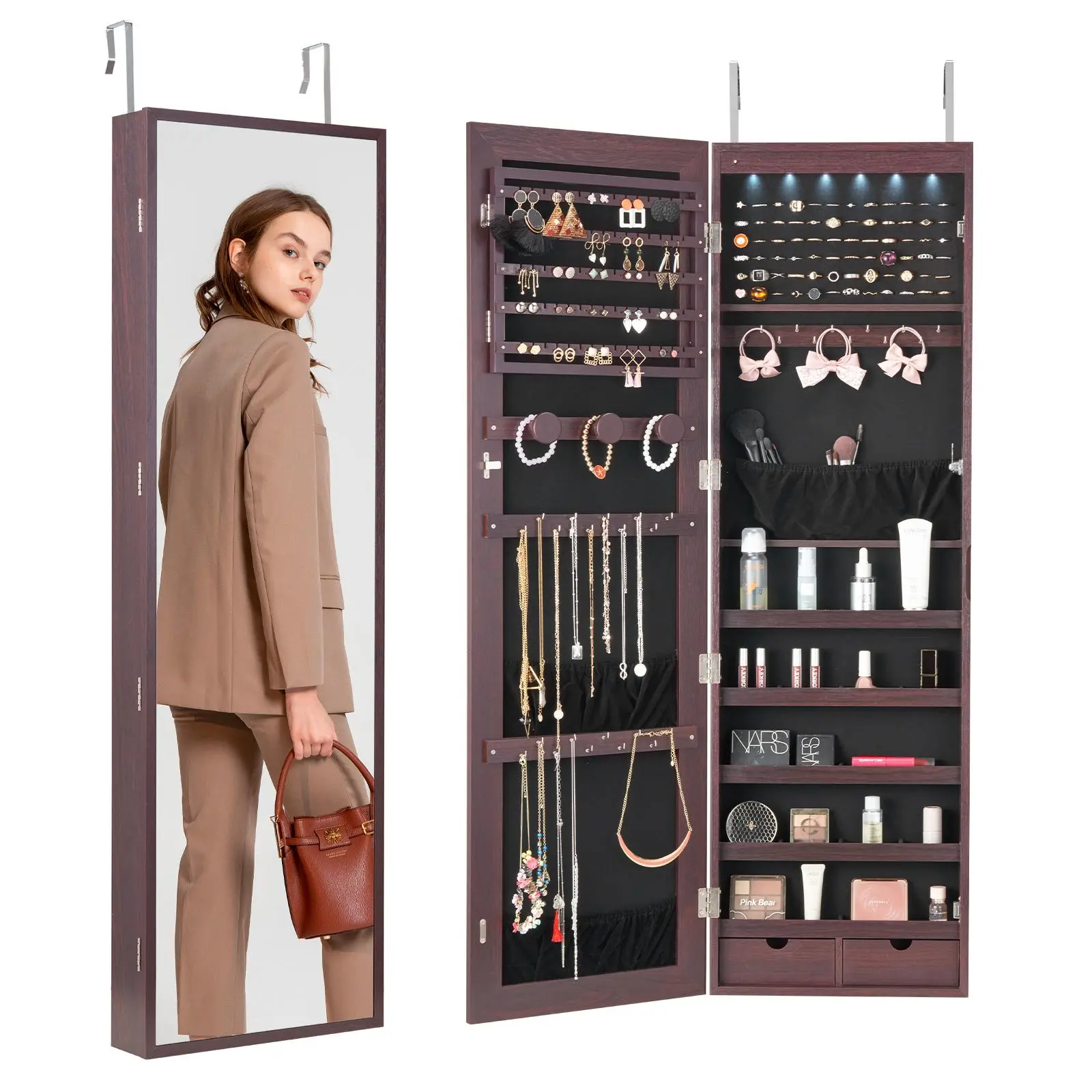 【Backtoschool】VEVOR Mirror Jewelry Cabinet, 47.05-Inch Tall Lockable Jewelry Cabinet Armoire with Full-Length Mirror, Wall or Door Mounted Jewelry Mirror Organizer with LED Interior Lights and Velvet Lining, Brown