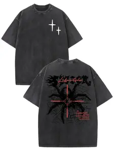 Retro Harajuku Street Style: Double-Sided Spider Graphic Print T-Shirt. Men's Vintage Streetwear Basic Tee—Loose-Fit, Hip-Hop Inspired, and Unisex. Garment-Washed Cotton, Short Sleeve, Crew Neck Top—Ideal for Summer Outdoor Wear.