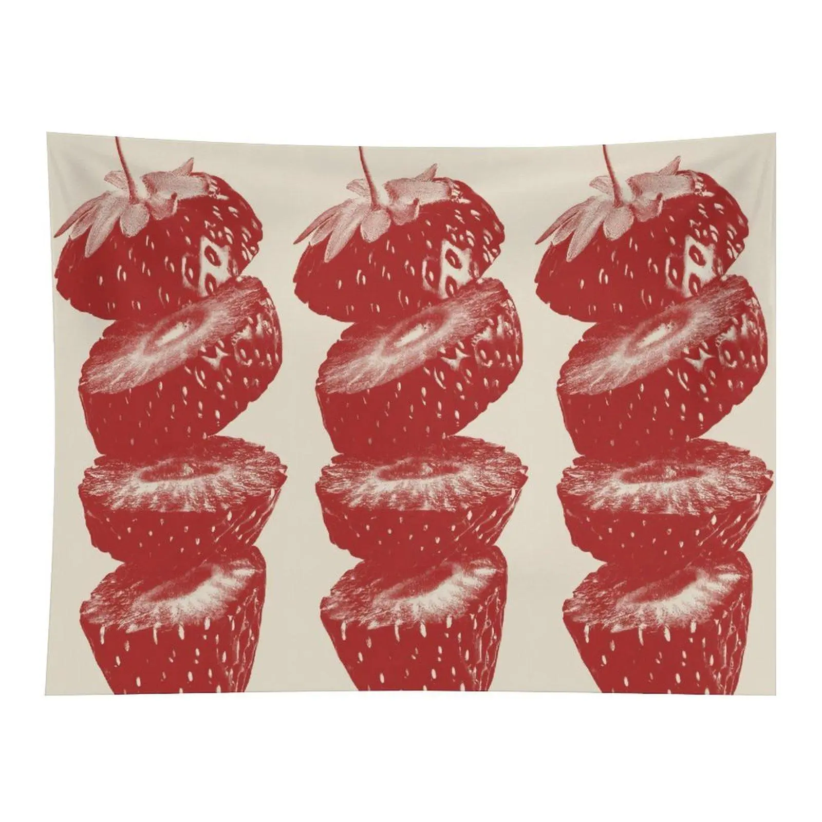 Retro Red Tone Sliced Strawberry Repeating Pattern Wall Tapestry Vintage Fruit Art Print for Kitchen Bedroom Living Room Decor