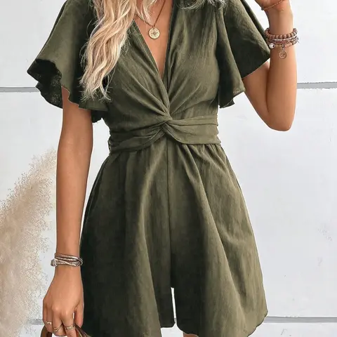 Women's Twist Butterfly Sleeve Romper, Casual Chic V Neck High Waist Wide Leg Jumpsuit, Ladies Summer Clothes for Daily Wear Womenswear, Casual Comfy Rompers