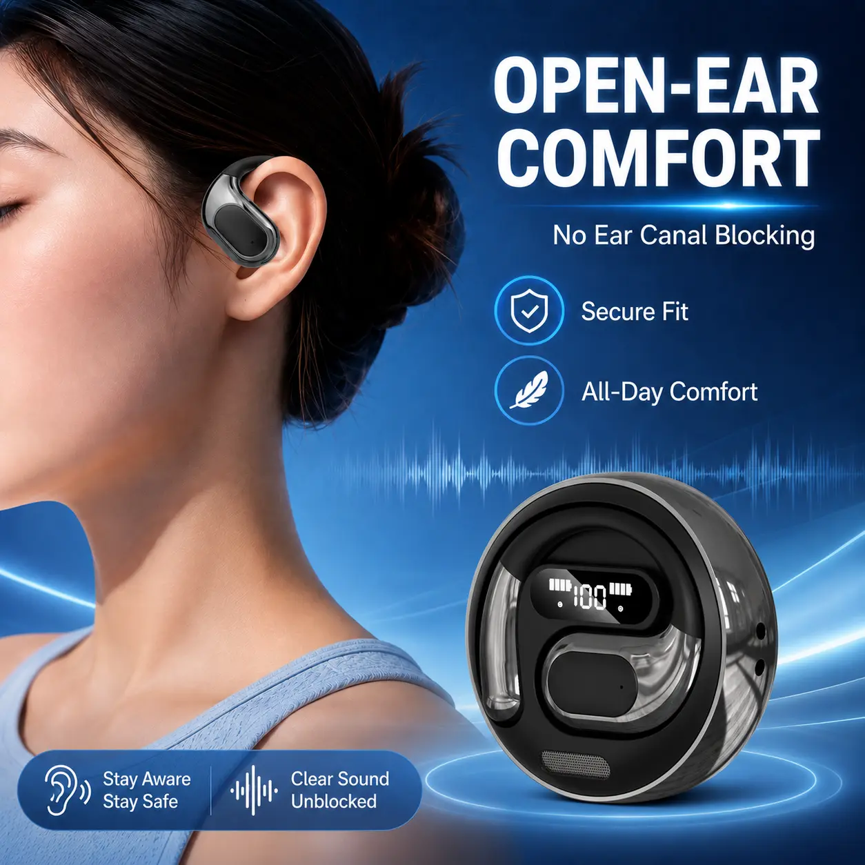 HEARNICE Open Ear Wireless Earbuds - Bluetooth 5.4 Dual Core Clip-On On-Ear Headphones with LED Digital Display Round Charging Case, Spatial Stereo 0 Latency, Touch & Voice Control, Type-C Fast Charging for Mobile iPhone Android Gaming Workout