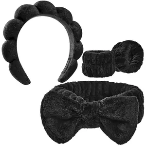 Women's 2-Piece Soft Fabric Spa Headband & Wristband Set - Female, Adjustable Size, Casual Daily Use, Bubble Bows Design, Mess-Free for Face Washing & Facial Masks, Ideal Gift