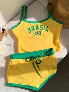 Women's Comfortable Brazil Flag Color Vest and Ultra Short Pants Set, Street Style, Slim Fit, World Cup, Club Party Wear