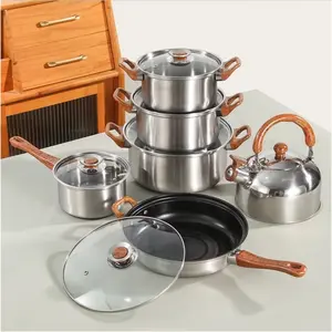 Factory Direct Sale 12-Piece Stainless Steel Set Wood Grain Handle Pot Set Soup Pot Milk Pot Kettle Frying Pan Cookware Set
