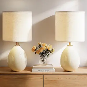 Table Lamp Set of 2 for Living Room Bedroom, Bedside Lamps for Night Stands, Desk Nightstand Lamp Dimmable, Modern Linen Cream Ceramic Lamps (Cream)