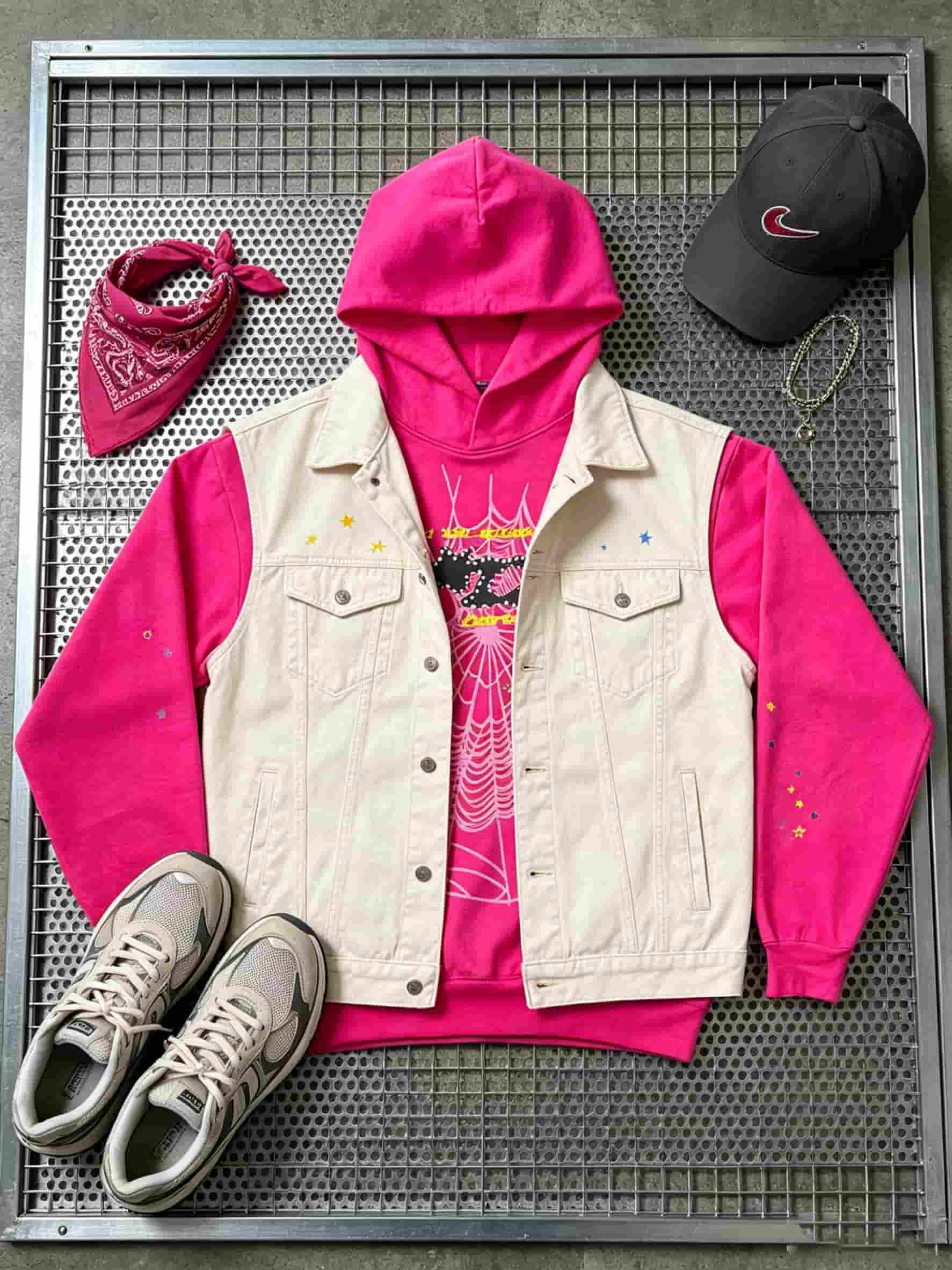 Men's Hooded Sweatshirt, Spider Web Pattern, Letter Print, Colorful Stars, Street Punk Style, Casual Fitted, Fall & Winter, Graphic Hoodie