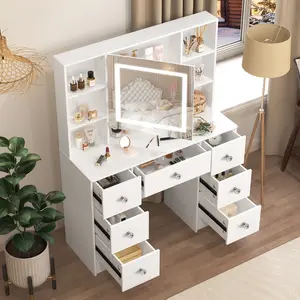 Vanity Desk with Mirror and LED Lights,7 Drawers Makeup Vanity Table with Storage Shelfs, 55in Big Vanity Dresser 3 LED Lighting Modes,Bedroom White